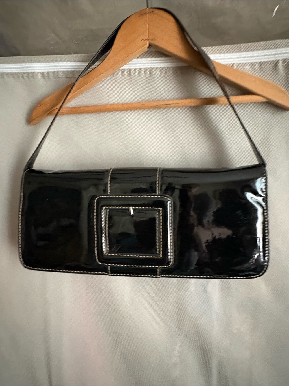 Nine West Black Patent Rectangular Shoulder Clutch with Buckle